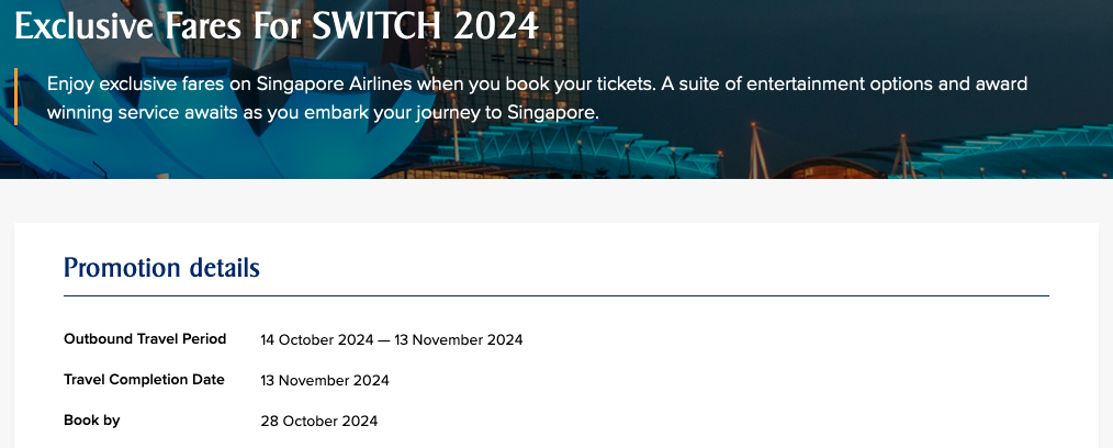 A banner that reads Exclusive Fares for SWITCH 2024 by Singapore Airlines